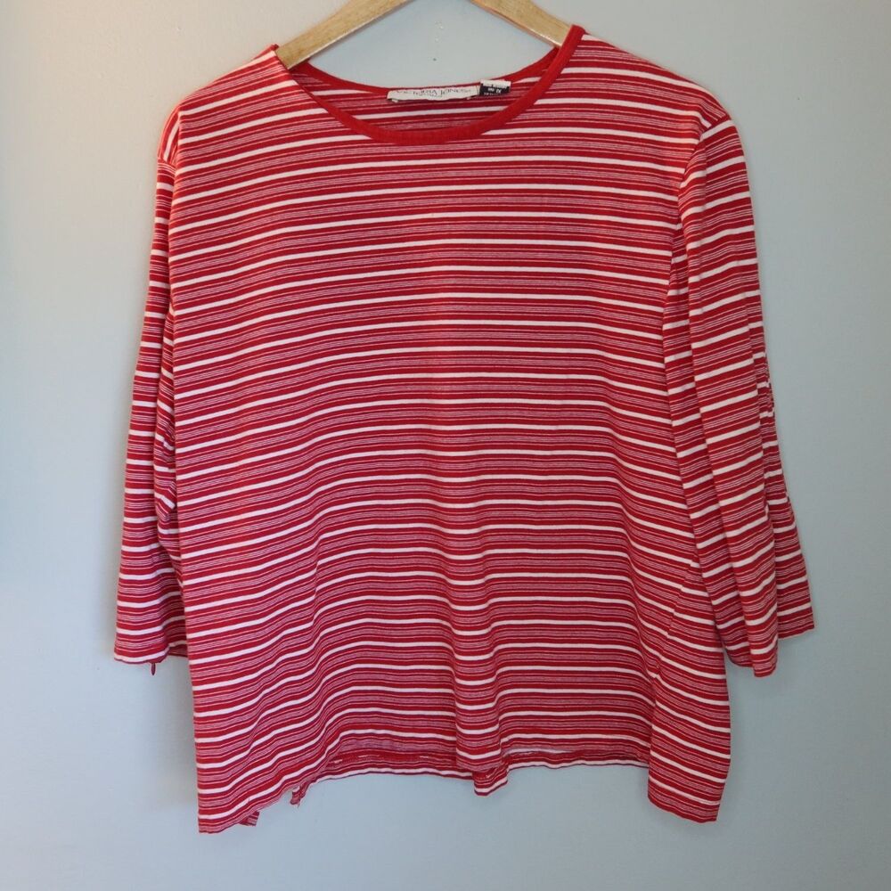 Victoria Jones Striped 3/4 Sleeve Top Womens 1X Red Crew Neck Side Slits Stretch - Picture 1 of 7